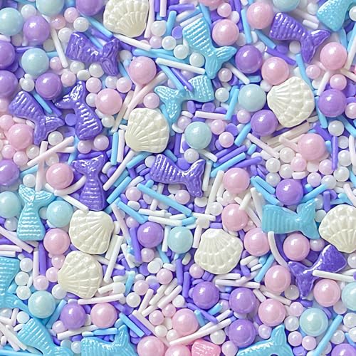 Décors Sucrés Sirène 130g - Perles Comestibles Vermicelles avec Figurines Sirène Coquillage en Sucre Rose Bleu Violet – Décoration Alimentaire...