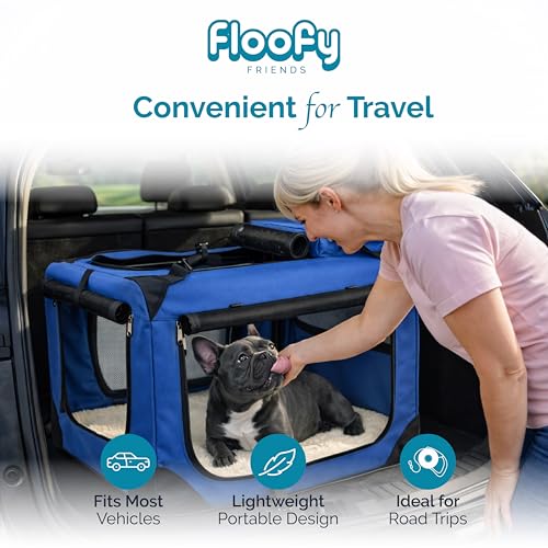 Floofy Friends Pet Carrier Bag, Large Cat Carrier Puppy Dog Carrier for Small Dogs Cats Kittens Rabbits With Reversible Fleece Mat, Foldable Travel Crate for Car - Blue - Image 5