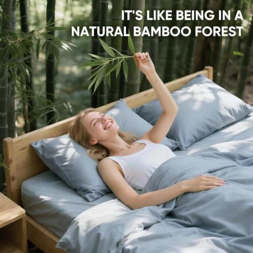 Image of TWK Real 100% Viscose Derived from Bamboo Sheets Set King Size, Cooling & Silky Soft for Hot Sleeper, Breathable & Moisture Wicking Fabric, 18 inch Deep Pocket with Corner Straps (French Blue, King)