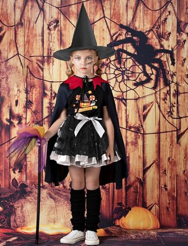 Image of Happy Cherry Toddler Girls Witch Tutu Skirt Set with Hat & Broomstick 3 Pcs Dress Up Halloween Outfits 3-8Y