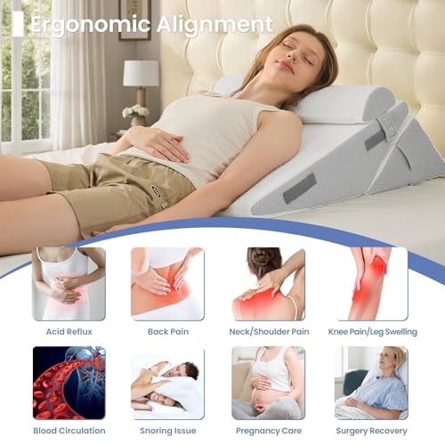 Image of Sasttie Wedge Pillow Set for After Surgery, 2PCS Adjustable Bed Wedge Pillow Headboard with Memory Foam Neck Cushion - for Acid Reflux, Sleeping, Neck & Back Support, Light Grey & White