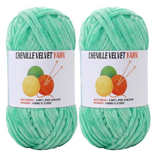 Image of 2 * 100g Velvet Chenille Chunky Yarn, Handcrafts Weaving Soft Chenille Yarn for Crocheting Clearance, Used for Making Baby Yarn Blanket, Clothes, Knitting Creations (Cyan Green)