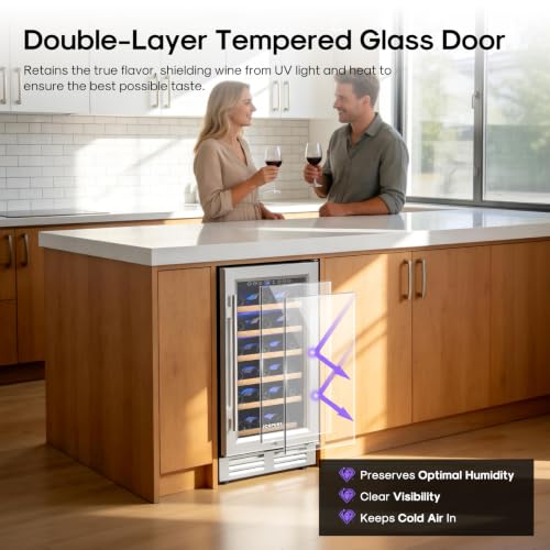 Image of ICEPURE 15 Inch Wine Fridge, Under Counter Small Wine Cooler Refrigerator | 28 Bottle, 41-65℉ Control, Double-layer Glass Door, Removable Shelves, Freestanding or Built-in for Home Kitchen Bar Office