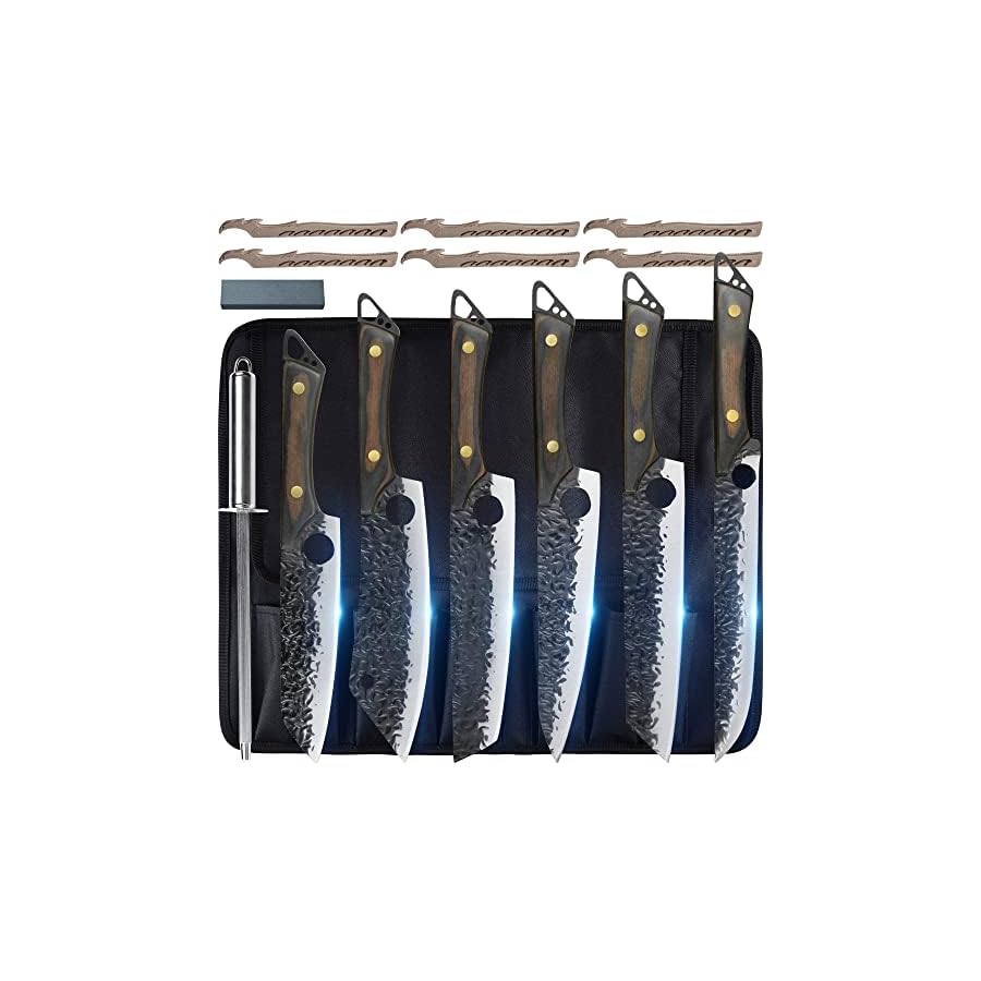 XYJ FULL TANG Camping Kitchen Knives Set With Knife Holder&Chef's Bag&Sharpener Rod 7 7.5 8 9 Inch Slicing Knife For Meat Vegetable Knives Block Sets (Small Texture)