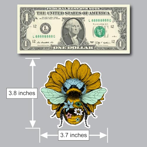 Image of Bumble Bee Decal Sticker for Car or Truck Windows Plus Laptops and Tumblers-Cute Bumblebee Pollinating a Yellow Flower Vinyl Sign Art Print, 3.7in x 3.8in, Small
