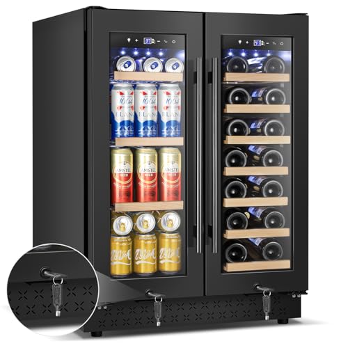 Image of Wine and Beverage Refrigerator with Glass Door, 24-Inch Dual Zone Wine Fridge Under-Counter,4.6 Cu.Ft. 65 Cans and 20 Bottles Wine Cooler,Built-in or Freestanding Wine and Drink Fridge with Blue Light