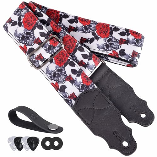 YIKOKO Guitar Strap Skull & Roses, Halloween Gifts, 2' Guitar Straps for Acoustic and Bass Electric Guitars, Free Button, 2 Strap Locks and 4 Guitar Picks