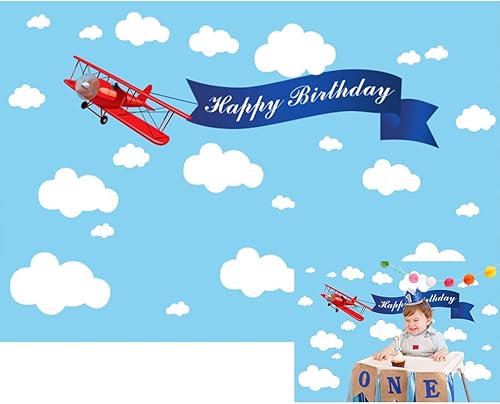 Baocicco Telón de fondo de 8 x 6.5 pies con diseño de avión rojo de feliz cumpleaños, cielo azul, nube blanca, fondo de fotografía de cumpleaños,