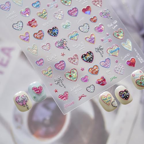 Image of Colorful Heart Nail Stickers - Love Lettering & Bow Design 5D Sparkle Self Adhesive Nails Decals for Women Cute Manicure DIY Decoration (1 Sheet)
