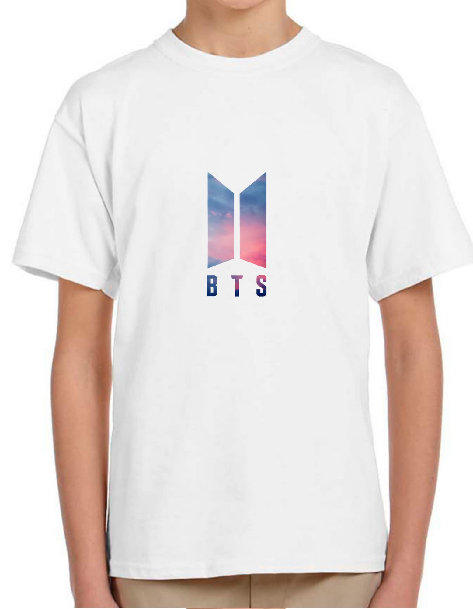 RK Sales BTS Logo Printed Regular Fit Tshirts for Kids, Boys and Girls (Color-White, Size- 15-16 Years)