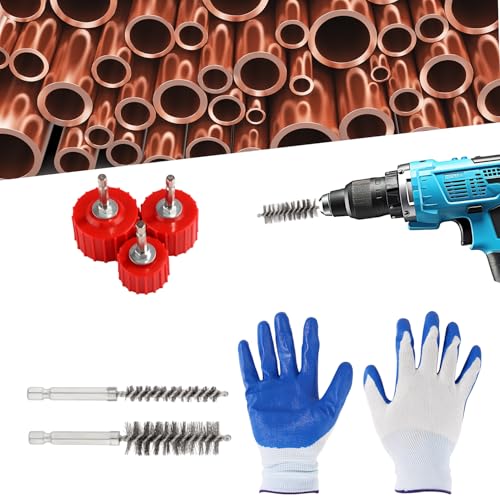 Image of 10pcs Copper Pipe Cleaner Set for Power Drill, Include 1 /2 inch 3 /4 inch 1 inch Tube Brush and 6pcs Wire Bore Brush Metal Pipe Cleaner Kit with Gloves for Drill Bit Cleaning Copper Tool Pipes Tubes and Fittings