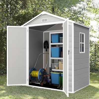 YOFE Resin Shed 6x4.4FT,Plastic Shed with Floor,Outdoor Storage Shed with Floor for Garden Tool,Waterproof Outdoor Resin Shed,Lockable Doors for Patio,Yard,Lawn (Gray)