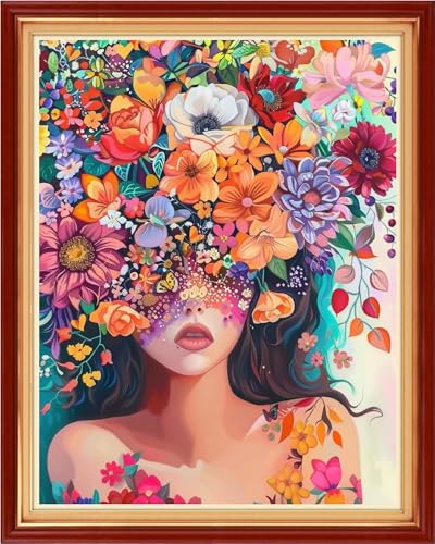 Image of Funchey Stamped Cross Stitch Kits, DIY Cross Stitch Pattern for Adults Beginners Needlepoint Kits Embroidery Kit Arts and Crafts 11CT-Girl Flowers 16x20 inchs