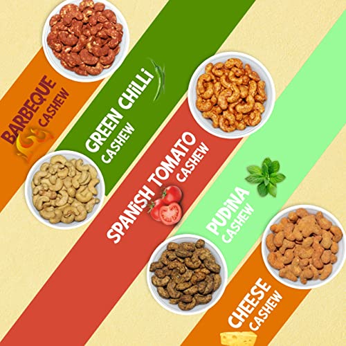 Image of Ministry of Nuts Premium Kaju Pack OF 5 Crazy Cashews Mini I Spanish tomato, Green Chili, Barbeque, Cheese and Pudhina 50g each I Total 250g