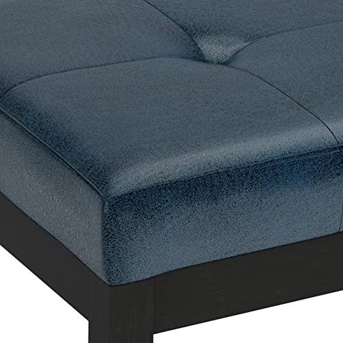 SIMPLIHOME Lacey 41 inch Wide Contemporary Rectangle Tufted Ottoman Bench in Distressed Dark Blue Vegan Faux Leather, Assembled, For the Living Room and Bedroom