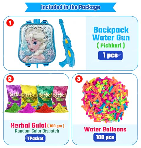 Image of Zest 4 Toyz Holi Pichkari Watergun for Kids Backpack Pichkari Tank Spray with 1 Pkt Gulal Color & 100 Water Balloons Holi Combo for Holi Pool Parties(Royal Tank)- Boys and Girls