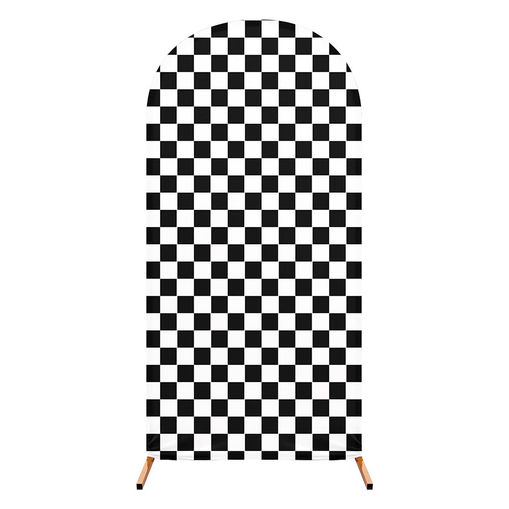 DICOSMETIC Cubierta de fondo de arco de cartón a cuadros blanco y negro de 7 x 4 pies, cubierta de arco temático de carreras, patrón de tablero de ajedrez, fondo de fotografía para boda, cumpleaños