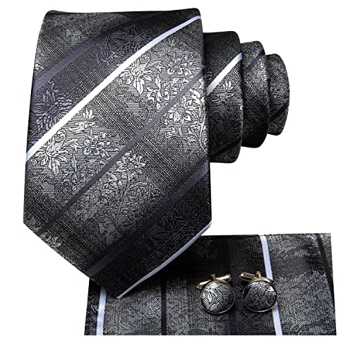 Image of Dubulle Men Black Grey Silver Tie and Pocket Square Set Silk Striped Necktie Handkerchief Cufflinks 3PCS Set Wedding Business