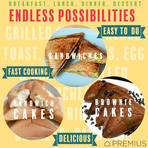 PREMIUS Ceramic NonStick Mini Snack Sandwich Maker, Indicator Light, 5x4.4 Inch Mold, Great for French Toast, Tuna Melt, Egg & Grilled Cheese, Pancake Sandwich, Desserts, Toasties, 520 W (Red)