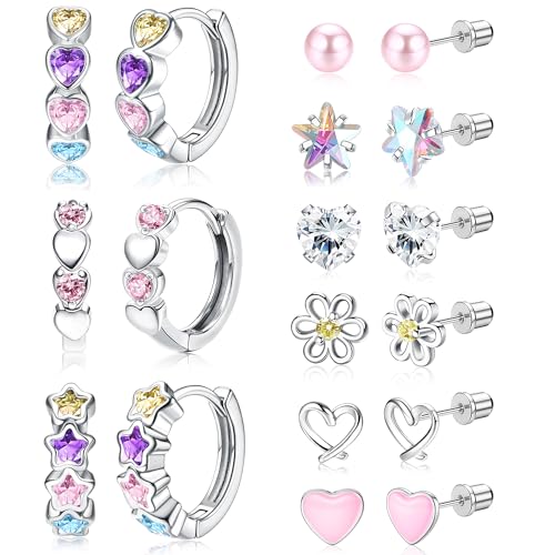 THUNARAZ Hypoallergenic Earrings for Girls Women Surgical Stainless Steel Earrings Set for Sensitive Ears Screw Back Stud Earrings Kids Toddler Cute Heart Hoop Earrings Jewelry Gift for Teen Girls
