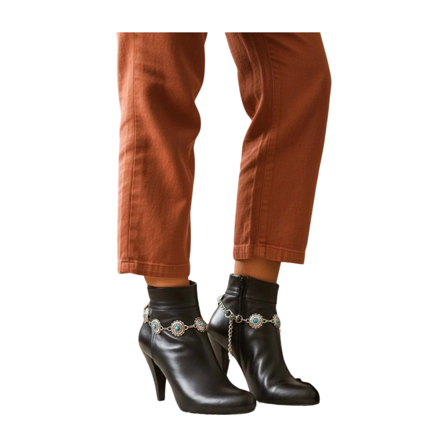 Women’s 2PCS Western Boot Chain Bracelets – Silver Metal Chain Anklet with Turquoise Blue Flower Charms – Adjustable Shoe Ethinc Jewelry SET BC98