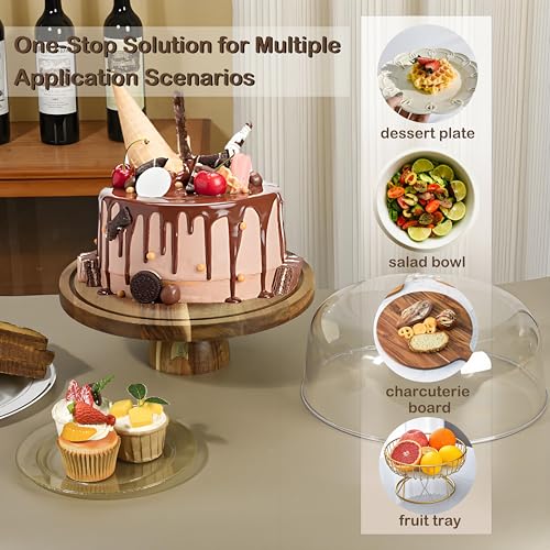 Acacia Wood Cake Stand with Lid, 2-In-1 Cake Plate with Lid, 12in Round Dessert Table Display Set, Raise Dome for Charcuterie Board, Cheese, Chips & Dips, Nachos, Fruit Platter (12in) - Image 7