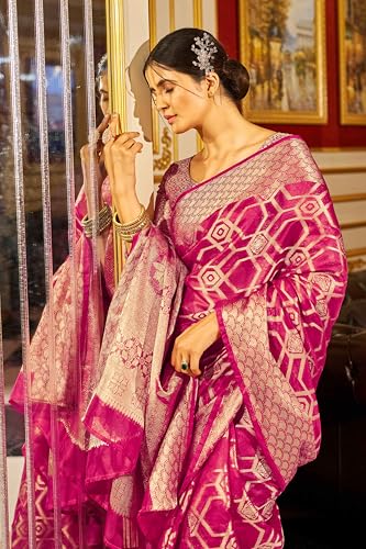 Image of SWORNOF Women's kanjivaram banarasi silk saree Zari Woven for festival Wedding silk with rich pallu Design sarees for women with Unstitched blouse piece