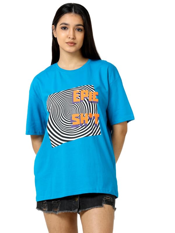 ALBATROSS Women's Cotton Loose Fit - Stylish T-Shirt, Epic Shit Printed, Half-Sleeves Drop Shoulder Tee, Oversized Round Neck Tshirt for Women, Girls for Everyday Use [Blue]