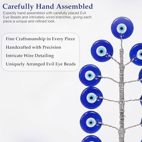 Image of Evil Eye Protection Tree Decor for Home & Office | Nazar Suraksha Blue Eye Tree Stand with Wooden Base | Feng Shui Vastu Positive Energy & Protection Showpiece