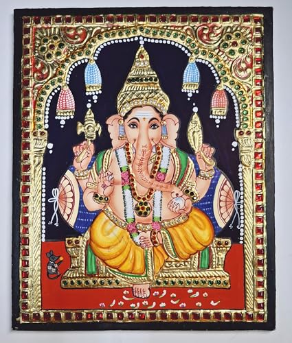 JLine Arts Ganesha Tanjore Painting 13x11 | 22C Gold, AD Stones & Unbreakable Teakwood Frame