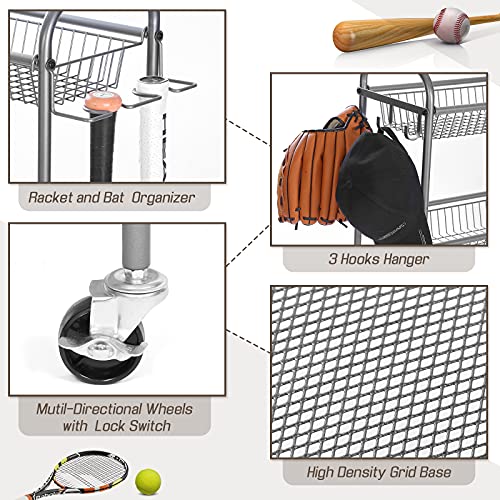 Sports Storage Organizer For Garage, Weyimila Ball Storage Garage With Baskets And Hooks, Rolling Sports Equipment Storage Cart With Wheels, Basketball Racks, Garage Sports Equipment Organizer (Gray) #TOP3