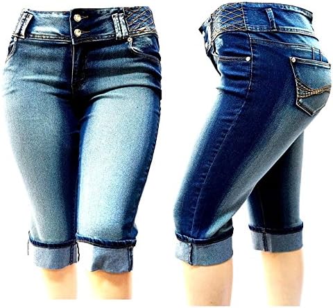 Womens Plus Size Dark Blue Capri Acid Wash Denim Jeans Stretch Hi Waist