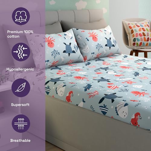 Image of Wakefit Premium Percale Weave 160 TC 100% Cotton Kids Flat Bedsheets with 2 Pillow Cover | Double - 100x90 inch | Animal Printed Soft & Breathable Double Size Bed Sheet | Coral Dive