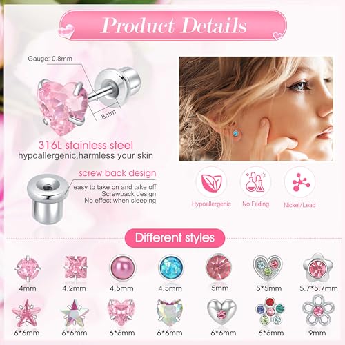 14 Pairs Surgical Steel Earrings Set for Toddlers, Kids, Women - Hypoallergenic Screw Back, Cute Heart CZ Pink Flat Back Stud, Hypoallergenic4