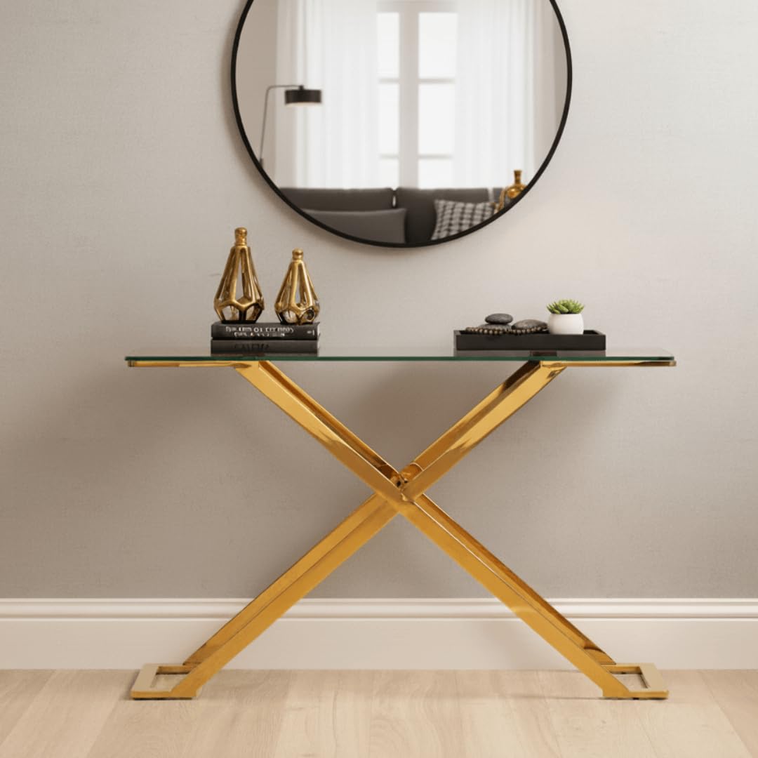VANITY LIVING 120cm Console Table for Living Room Furniture, Slim Hallway Table with Gold Stainless Steel Frame and Tempered Glass Top, Narrow Entryway Table