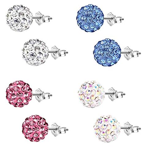Epoch World 4 Pairs Stud Earrings 925 Sterling Silver Earrings Sparkly Crystal Ball Ear Studs 8mm Earrings for Women Girls Cover