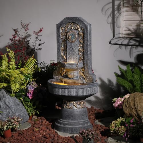 Image of Bumilgar Outdoor Wall Fountain with LED Lights, 49.8 inch H Freestanding Gilded Fleur-de-Lis European Resin Standing Waterfall Feature, European Resin Flat Back Yard