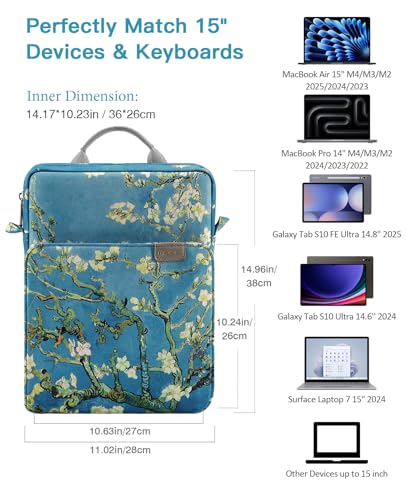 Image of MoKo 15 Inch Laptop Sleeve Bag Fits New Mac Air 15 inch M5 2026, Mac Pro 14 inch M5 /M5 Pro /M5 Max 2026, Galaxy Tab S9 Utra 14.6 inch 2023, Handle Carrying Case with Shoulder Strap, Apricot Flower
