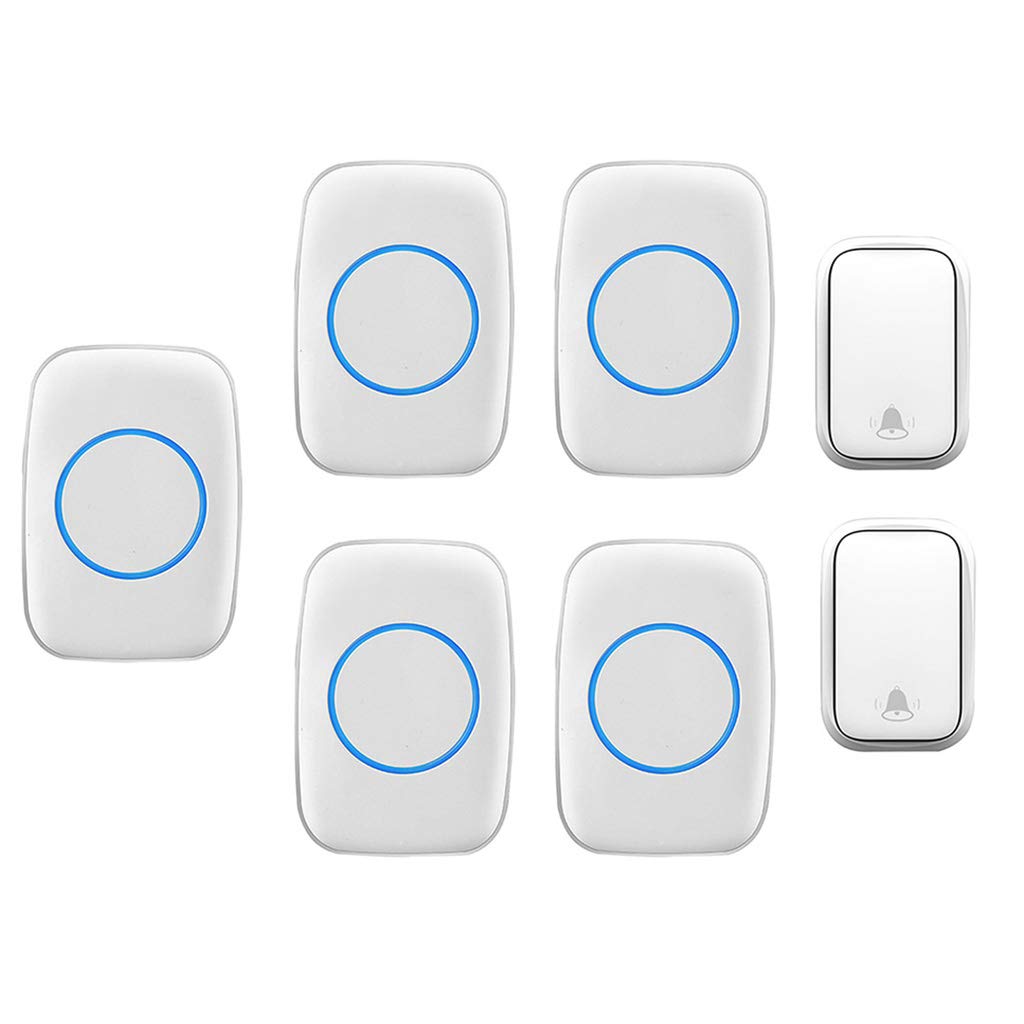 Timbre Inalámbrico, Kit De Timbre Inalámbrico con 5 Receptores, 2 Pulsadores, 60 Timbres, 5 Niveles De Volumen, Timbre De Entrada Impermeable, Blanco, Blanco, Blanco