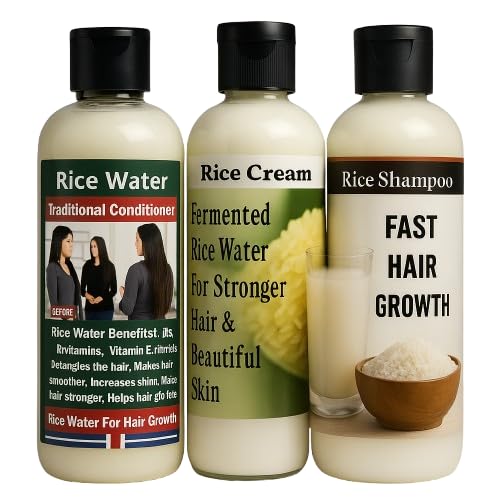Juego de cuidado del cabello de arroz (champú de arroz + agua de arroz + crema de arroz) - Perfecto para el tratamiento de pérdida de cabello + antienvejecimiento, ¡esto es súper potente en este