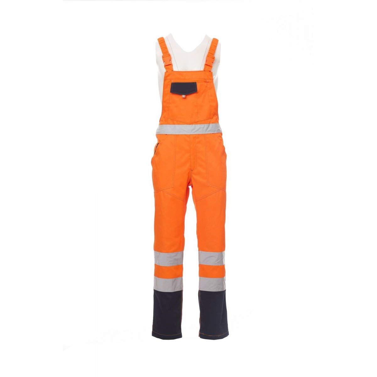 PAYPER Skill Tuta Pettorina da Lavoro Alta visibilità Unisex Uomo Donna Misto Cotone Poliestere Bretelle Elasticizzate Apertura Laterale Tasche al Petto Arancione Fluo/Blu Navy (M)