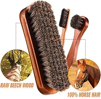 Horsehair Shine Shoes Brush Kit Polish Dauber Applicators Leather Boots Suede Care Cleaning Brushes, Brown