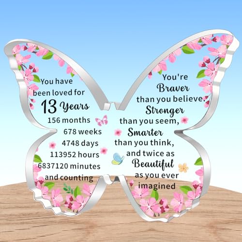 AMZQ Regalos inspiradores de cumpleaños número 13 para niñas, diseño de mariposa transparente, acrílico, ideas de regalo de cumpleaños para niñas de 13 años