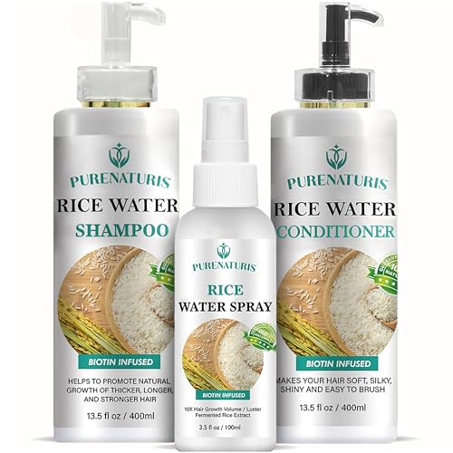 PureNaturis Rosemary Rice Water Shampoo Conditioner & leave-in Spray for Hair Growth Repair System Kit, w/Rosemary, Biotin, Caffeine, Sulfate Free Routine Shampoo for Women Men Hair Loss Thickening