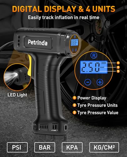 Petrinda Cordless Tyre Inflator Air Compressor, Portable Handheld Rechargeable Battery Tyre Pump with Digital Pressure Gauge, Electric Tyre Inflator with LED Light & 4 Nozzle for Car, Motorcycle Bike - Image 6