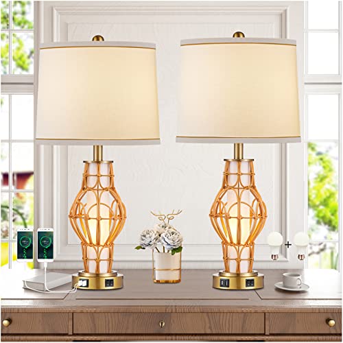 Kivditzo Rustic Farmhouse Table Lamps With Night Light Set Of 2 Wicker Bedside Lamp With Usb Ports Warm Gold + White Finish And Round Shade For Living Room Bedroom Home Office(26.5 Inch) #TOP30