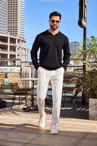 Mens Long Sleeve Knit Polo Shirt Lightweight Ribbed Polos Sweater Fall Winter Thermal Pullover Shirts with Collar3