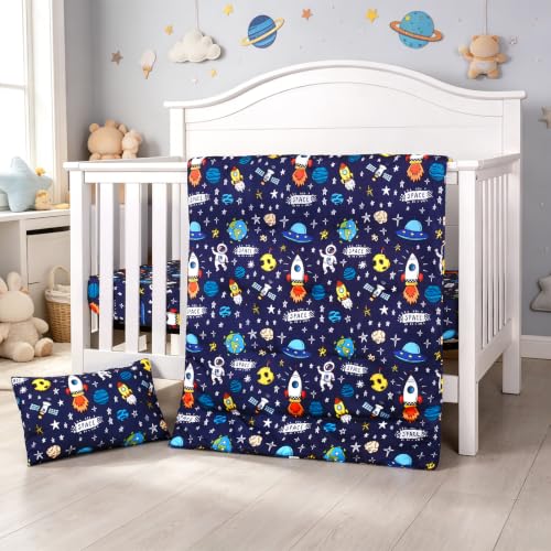 Image of JISEN 3 Piece Crib Bedding Set Soft Baby Space Crib Comforter Set with Comforter, Sheet, Pillowcase - Nursery Bedding for Boys or Girls Navy