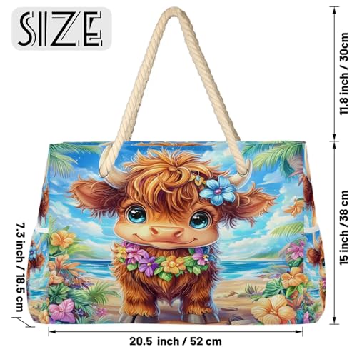 Cute Highland Cow Large Tote Beach Bags for Women with Zipper Watercolor Floral Waterproof Sandproof Gym Swim Pool Grocery Travel Bag2