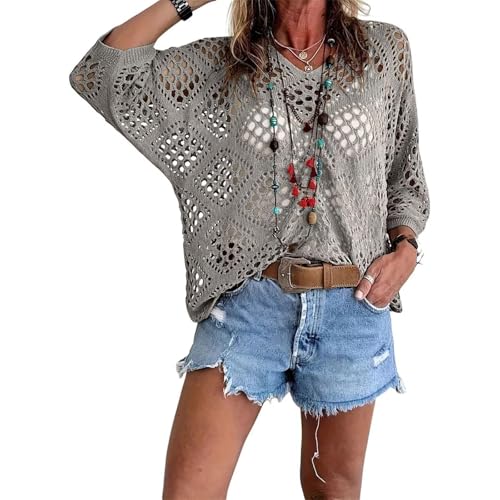 Ksikdeg Suéteres de manga larga para mujer, cubierta de playa, trajes de crucero, blusa con cuello en V, parte superior de punto de ganchillo, manga dolman, uso casual, playa, playa, vacaciones, blusa